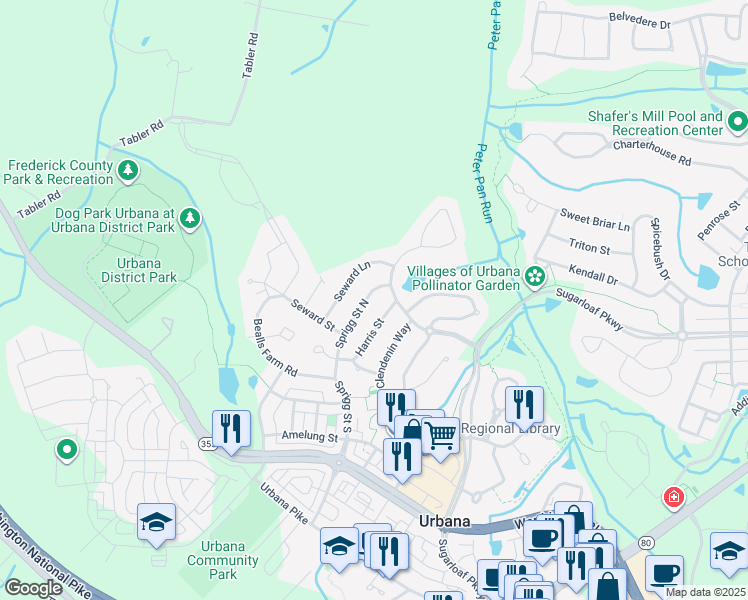 map of restaurants, bars, coffee shops, grocery stores, and more near 3723 Sprigg Street South in Frederick