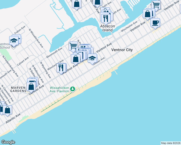 map of restaurants, bars, coffee shops, grocery stores, and more near 6500 Atlantic Avenue in Ventnor City