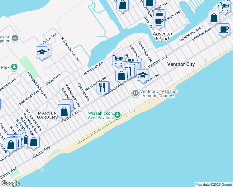 map of restaurants, bars, coffee shops, grocery stores, and more near 5 South Richards Avenue in Ventnor City
