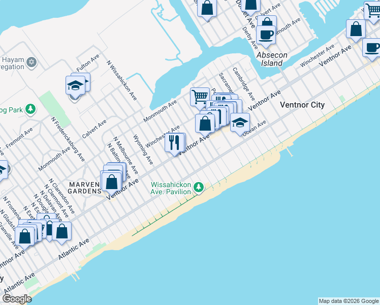 map of restaurants, bars, coffee shops, grocery stores, and more near 5 South Richards Avenue in Ventnor City