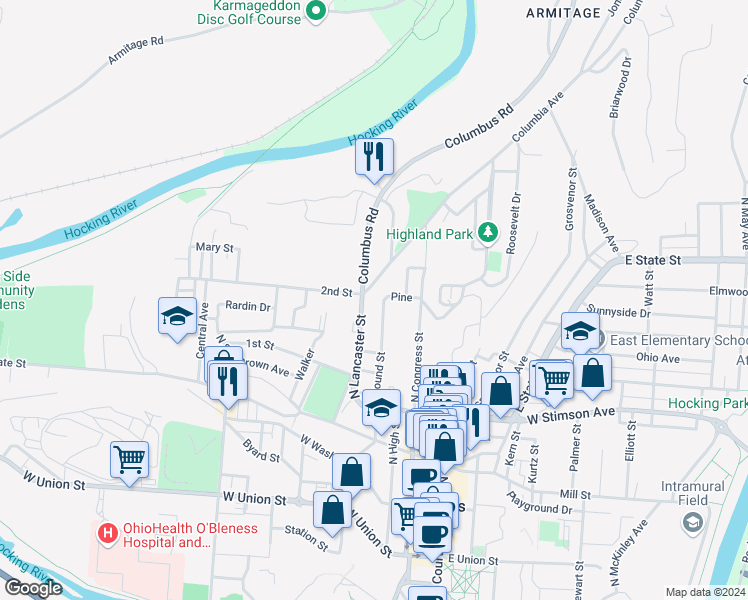 map of restaurants, bars, coffee shops, grocery stores, and more near 77 Mound Street in Athens