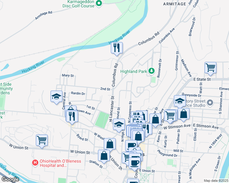 map of restaurants, bars, coffee shops, grocery stores, and more near 77 Mound Street in Athens