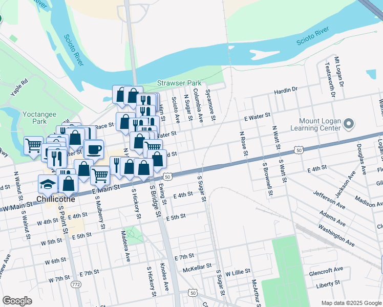 map of restaurants, bars, coffee shops, grocery stores, and more near 394 East 2nd Street in Chillicothe