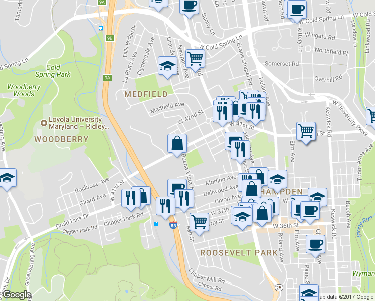 map of restaurants, bars, coffee shops, grocery stores, and more near 1419 West 41st Street in Baltimore