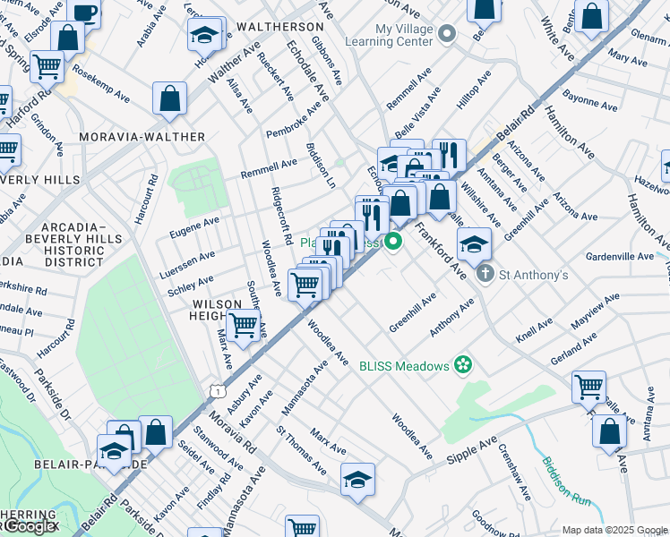 map of restaurants, bars, coffee shops, grocery stores, and more near 4104 Parkwood Avenue in Baltimore