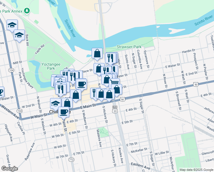 map of restaurants, bars, coffee shops, grocery stores, and more near 72 North Bridge Street in Chillicothe