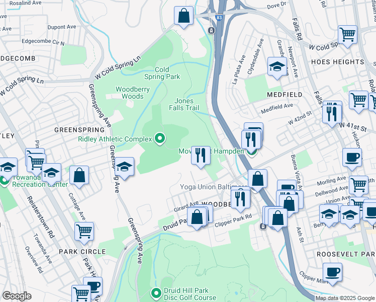 map of restaurants, bars, coffee shops, grocery stores, and more near 2040 Rockrose Avenue in Baltimore