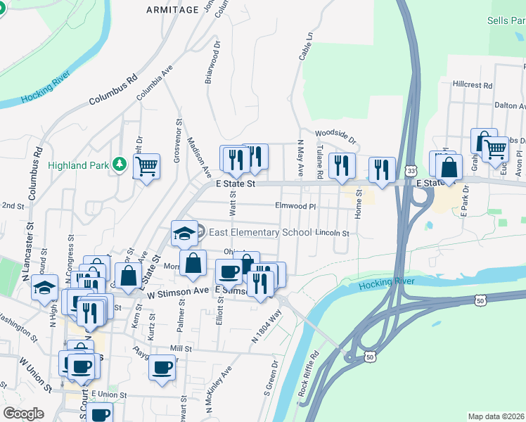 map of restaurants, bars, coffee shops, grocery stores, and more near 78 Elmwood Pl in Athens
