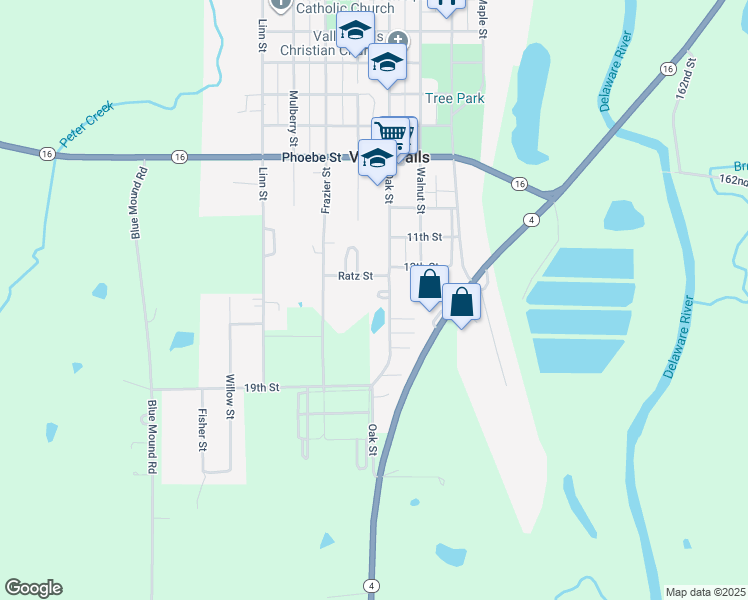 map of restaurants, bars, coffee shops, grocery stores, and more near 1208 Oak Street in Valley Falls