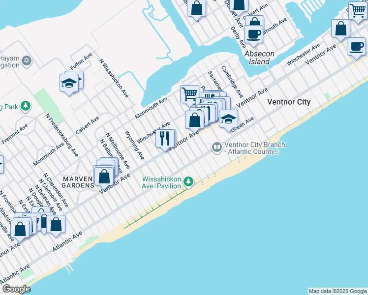 map of restaurants, bars, coffee shops, grocery stores, and more near 5 South Richards Avenue in Ventnor City