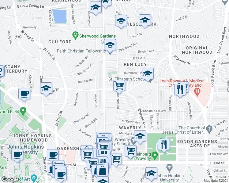 map of restaurants, bars, coffee shops, grocery stores, and more near 511 East 39th Street in Baltimore