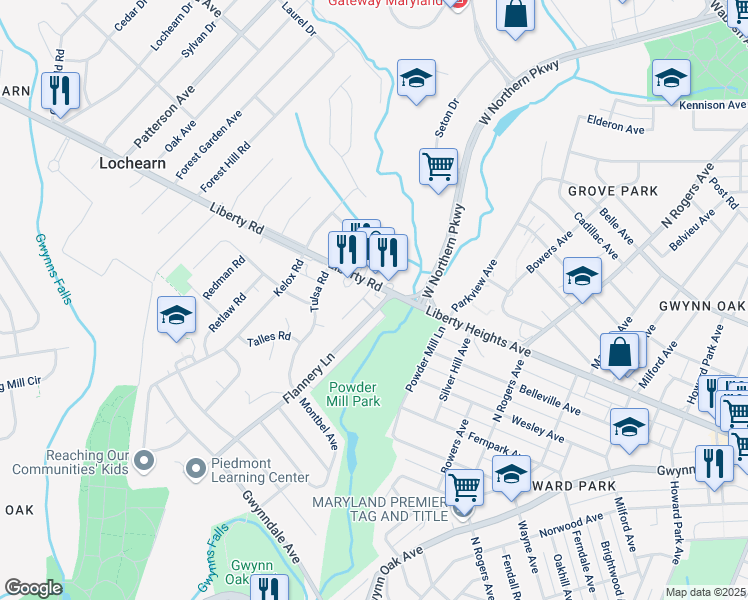 map of restaurants, bars, coffee shops, grocery stores, and more near 5905 Liberty Road in Lochearn