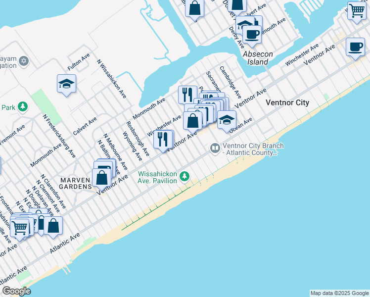 map of restaurants, bars, coffee shops, grocery stores, and more near 10 South Troy Avenue in Ventnor City