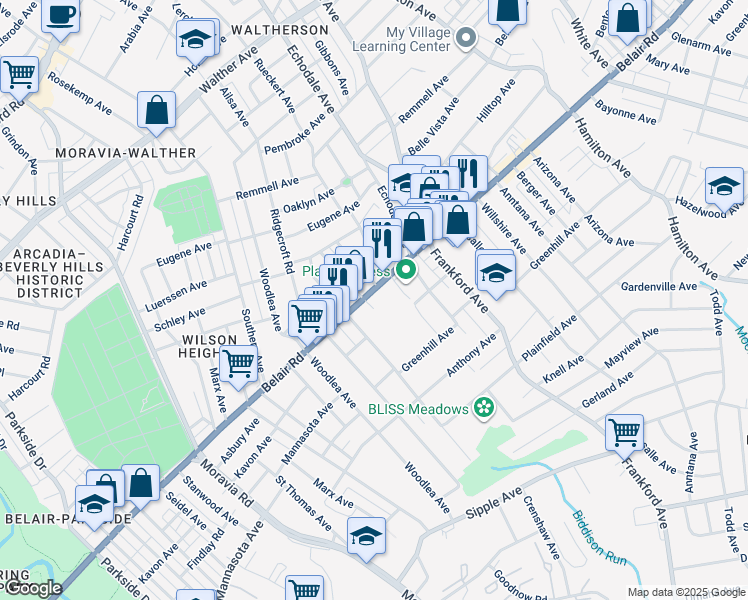 map of restaurants, bars, coffee shops, grocery stores, and more near 5107 Belair Road in Baltimore