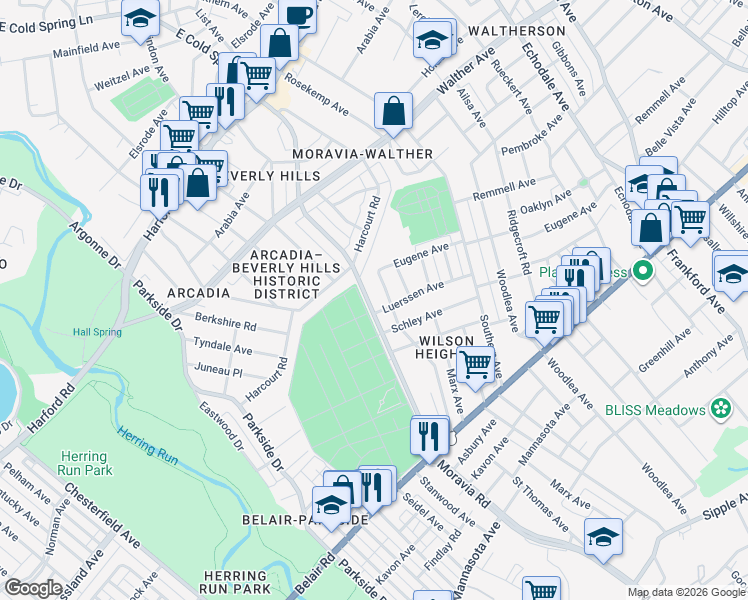 map of restaurants, bars, coffee shops, grocery stores, and more near 3812 Moravia Road in Baltimore