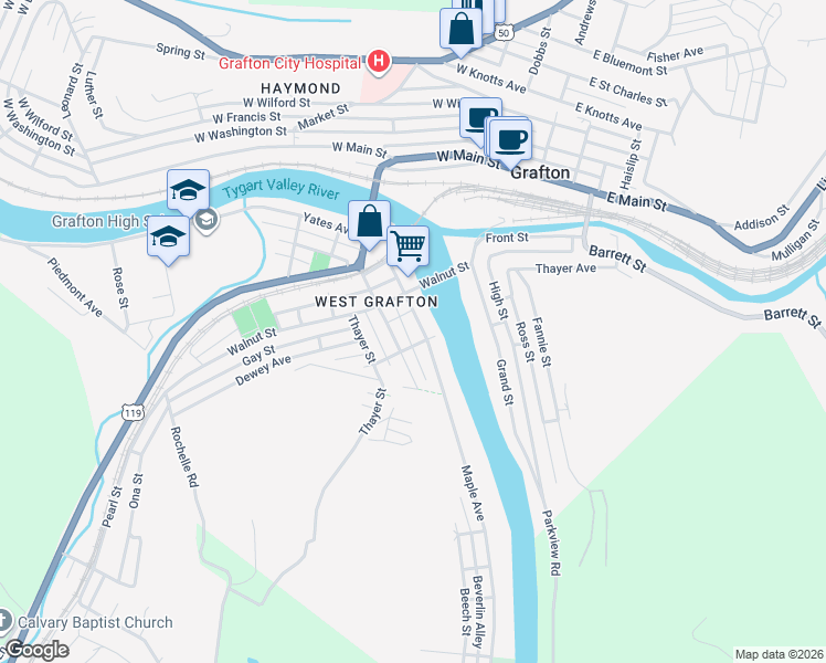 map of restaurants, bars, coffee shops, grocery stores, and more near 240 Maple Avenue in Grafton