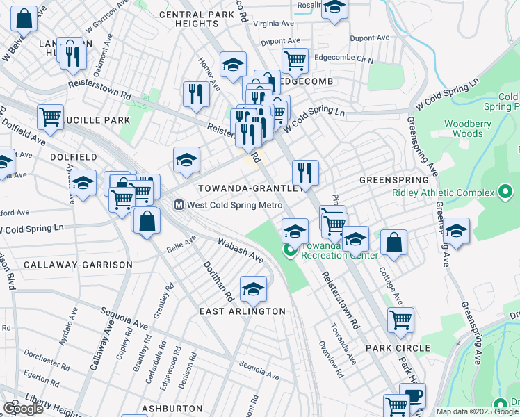 map of restaurants, bars, coffee shops, grocery stores, and more near 4216 Towanda Avenue in Baltimore
