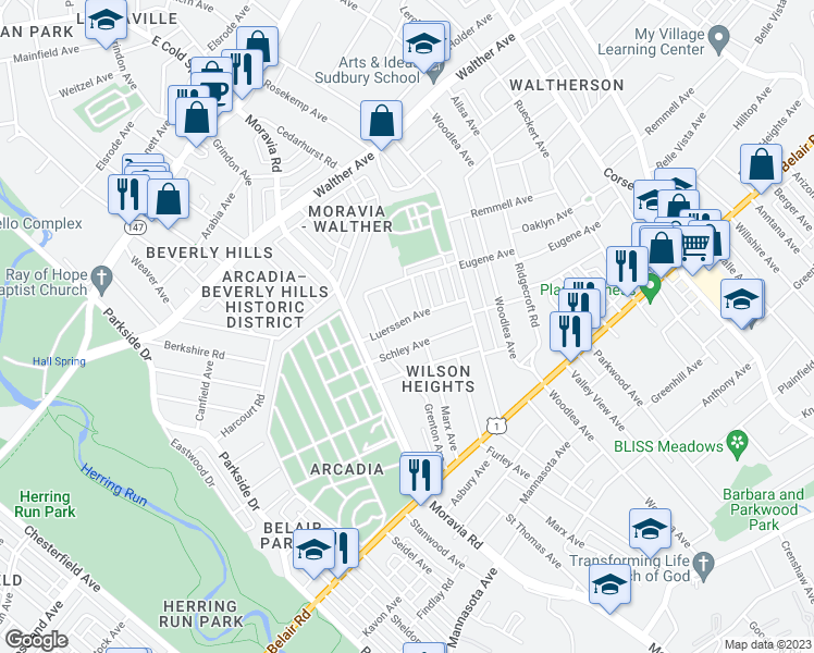 map of restaurants, bars, coffee shops, grocery stores, and more near 4611 Luerssen Avenue in Baltimore