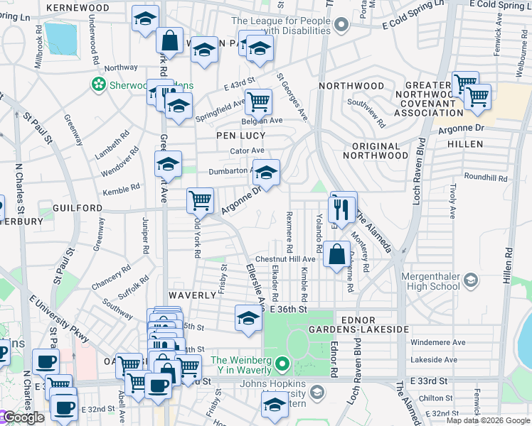 map of restaurants, bars, coffee shops, grocery stores, and more near 3725 Ellerslie Avenue in Baltimore