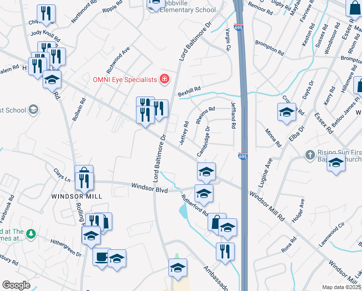 map of restaurants, bars, coffee shops, grocery stores, and more near 3103 Jeffrey Road in Milford Mill
