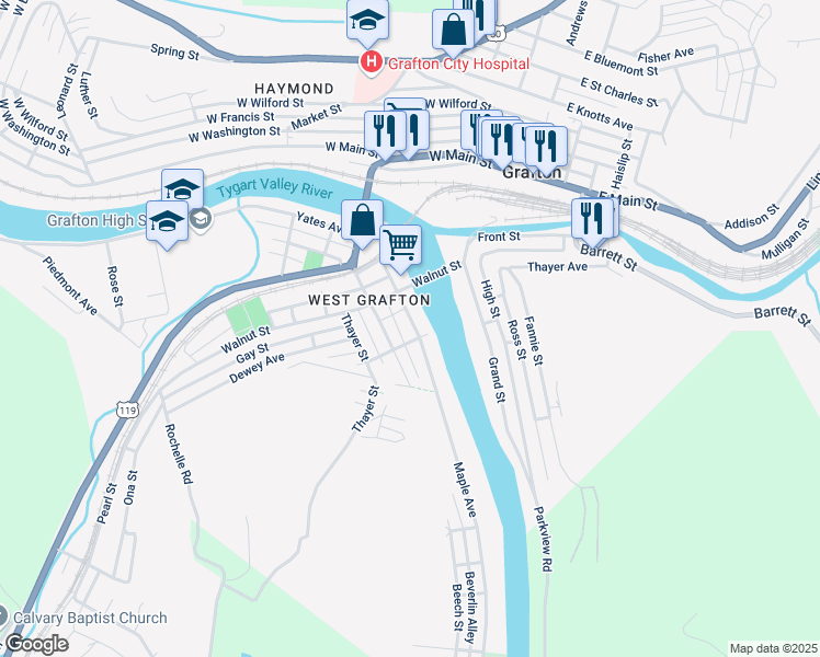 map of restaurants, bars, coffee shops, grocery stores, and more near 240 Maple Avenue in Grafton
