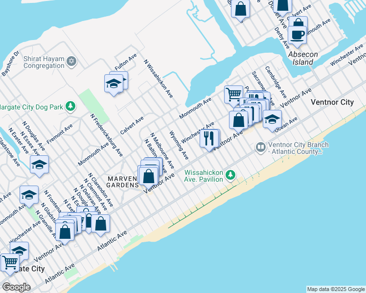 map of restaurants, bars, coffee shops, grocery stores, and more near 19 North Lafayette Avenue in Ventnor City