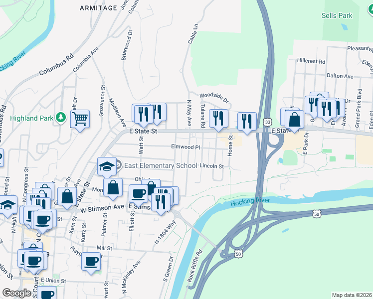 map of restaurants, bars, coffee shops, grocery stores, and more near 36 South Shannon Avenue in Athens