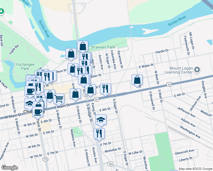 map of restaurants, bars, coffee shops, grocery stores, and more near 394 East 2nd Street in Chillicothe