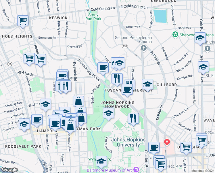 map of restaurants, bars, coffee shops, grocery stores, and more near 301 West University Parkway in Baltimore