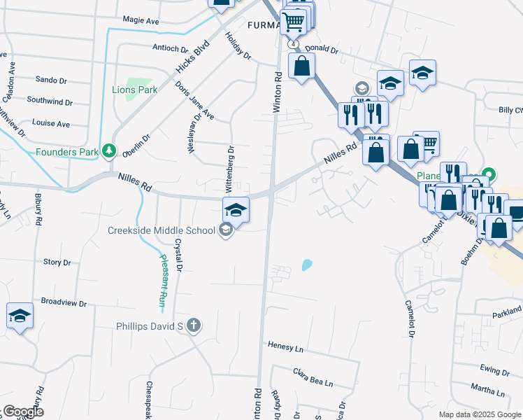 map of restaurants, bars, coffee shops, grocery stores, and more near 1151 Nilles Road in Fairfield