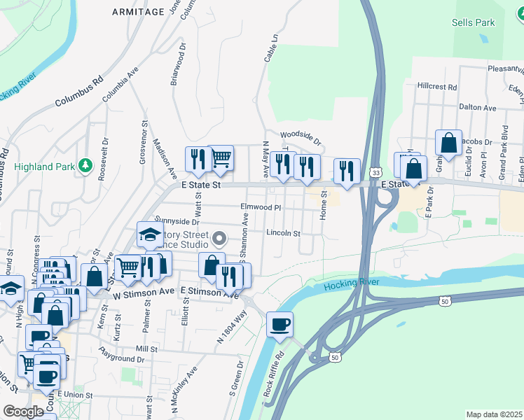map of restaurants, bars, coffee shops, grocery stores, and more near 36 South Shannon Avenue in Athens