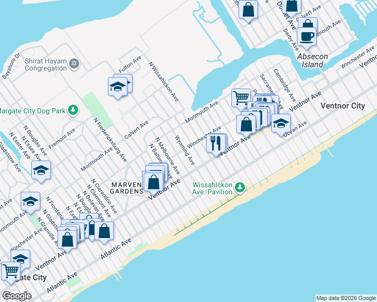 map of restaurants, bars, coffee shops, grocery stores, and more near 19 North Lafayette Avenue in Ventnor City