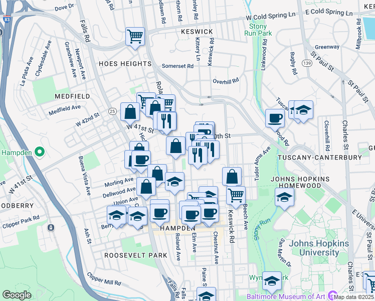 map of restaurants, bars, coffee shops, grocery stores, and more near 3944 Elm Avenue in Baltimore