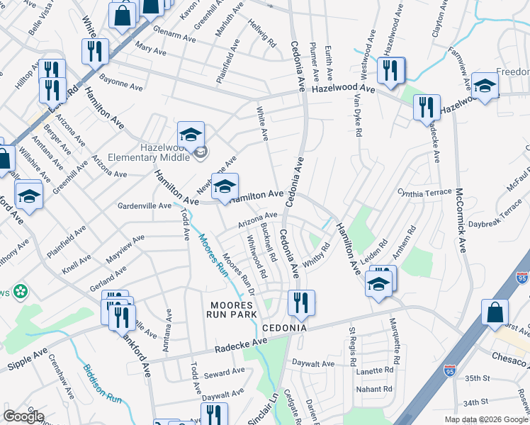 map of restaurants, bars, coffee shops, grocery stores, and more near 5908 Arizona Avenue in Baltimore