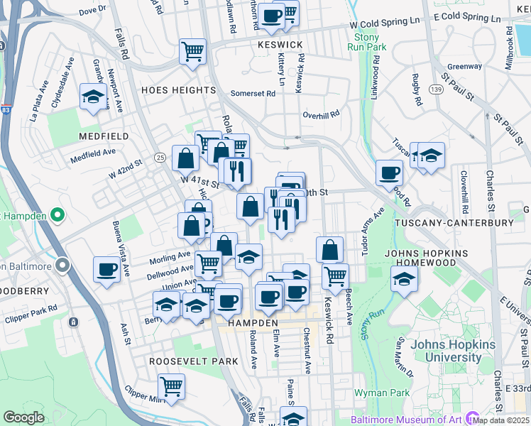 map of restaurants, bars, coffee shops, grocery stores, and more near 3944 Elm Avenue in Baltimore