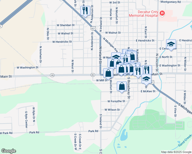 map of restaurants, bars, coffee shops, grocery stores, and more near 408 West Mill Street in Greensburg