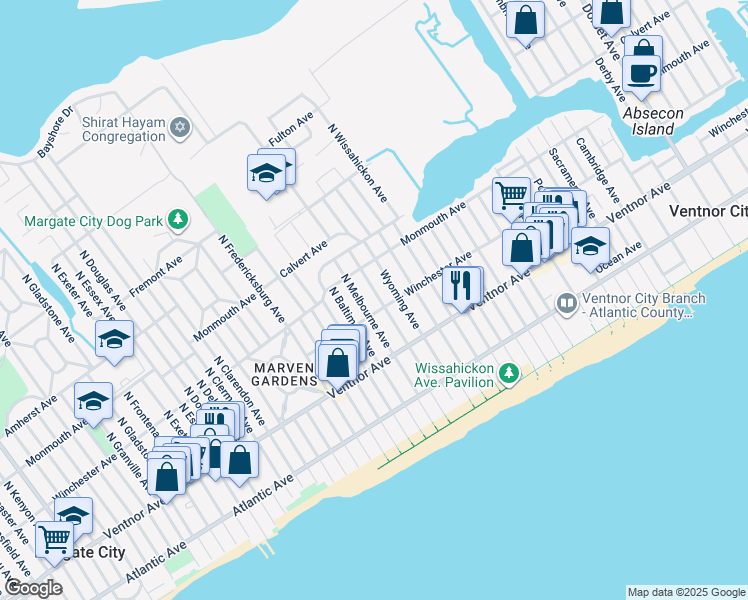 map of restaurants, bars, coffee shops, grocery stores, and more near 110 North Lafayette Avenue in Ventnor City