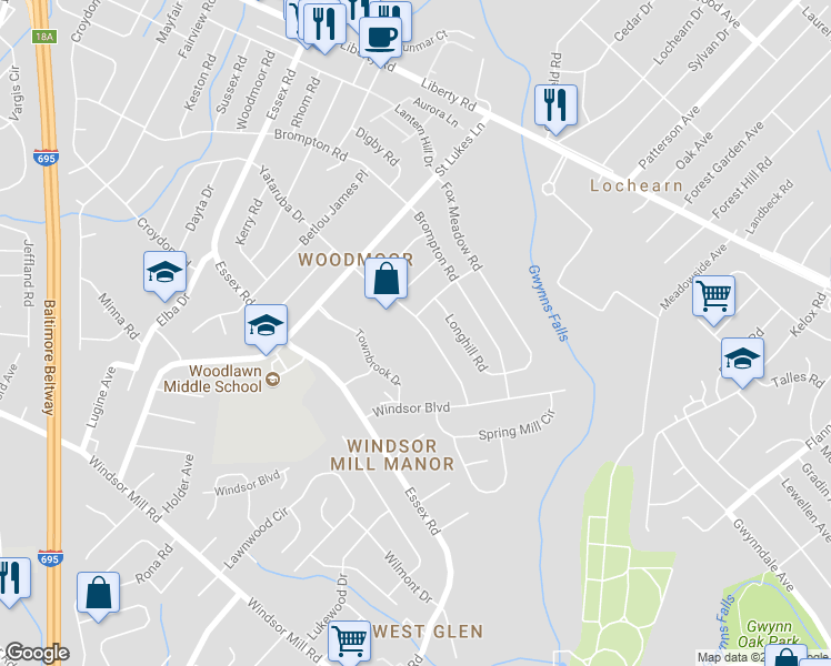map of restaurants, bars, coffee shops, grocery stores, and more near 6729 Yataruba Drive in Baltimore