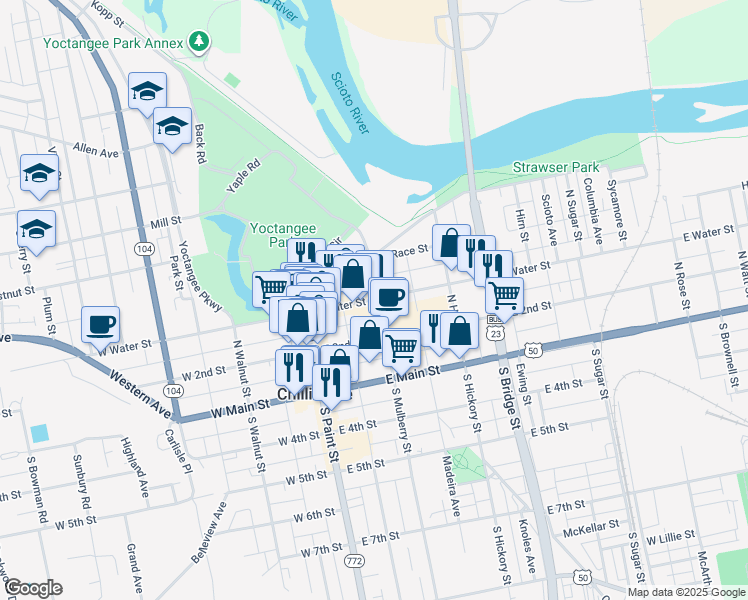 map of restaurants, bars, coffee shops, grocery stores, and more near 94 E Water St in Chillicothe