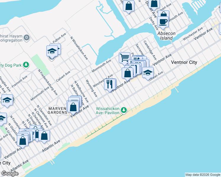 map of restaurants, bars, coffee shops, grocery stores, and more near 6809 Ventnor Avenue in Ventnor City