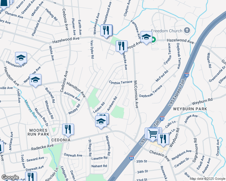 map of restaurants, bars, coffee shops, grocery stores, and more near 5691 Leiden Road in Baltimore