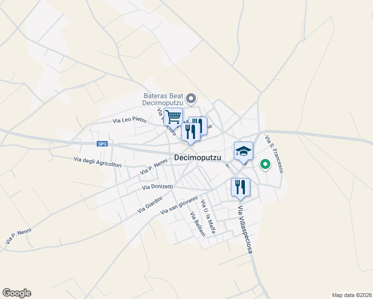 map of restaurants, bars, coffee shops, grocery stores, and more near 14 Via San Basilio in Decimoputzu