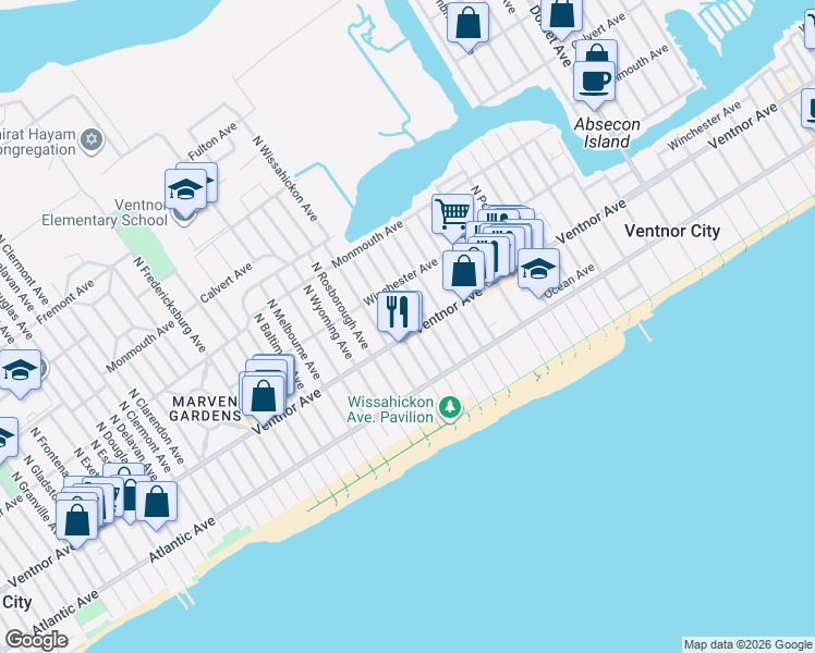 map of restaurants, bars, coffee shops, grocery stores, and more near 6809 Ventnor Avenue in Ventnor City
