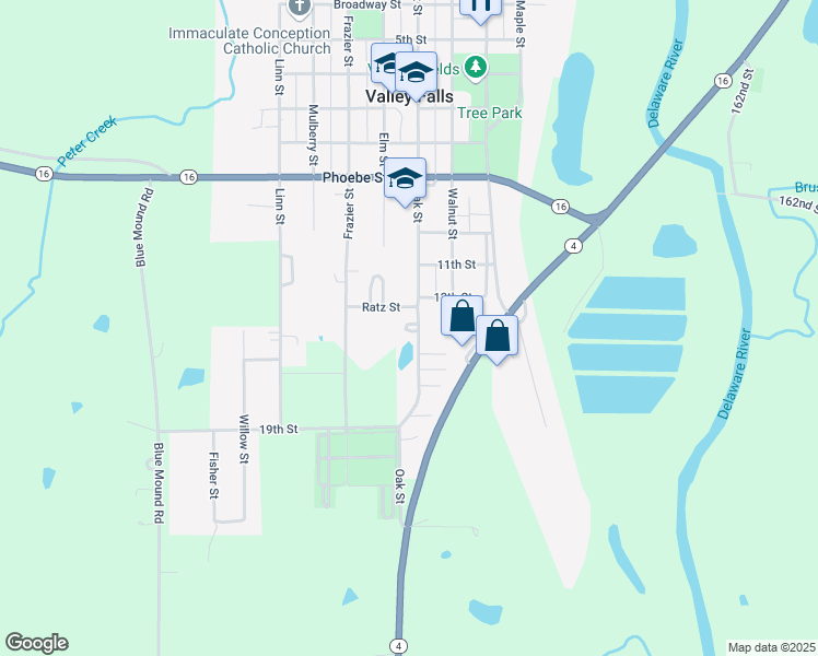 map of restaurants, bars, coffee shops, grocery stores, and more near 1208 Oak Street in Valley Falls