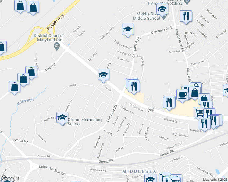 map of restaurants, bars, coffee shops, grocery stores, and more near 28 Box Circle in Essex