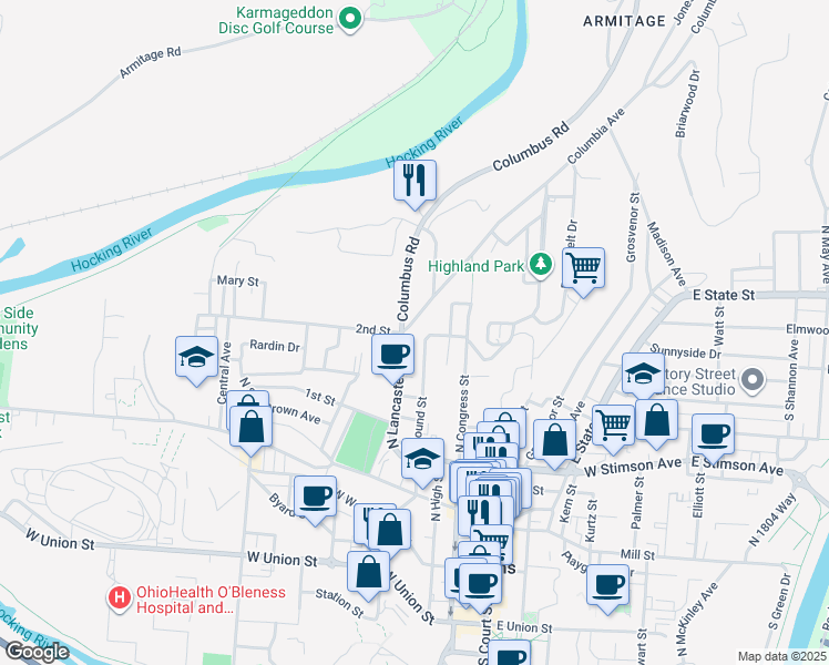 map of restaurants, bars, coffee shops, grocery stores, and more near 77 Mound Street in Athens