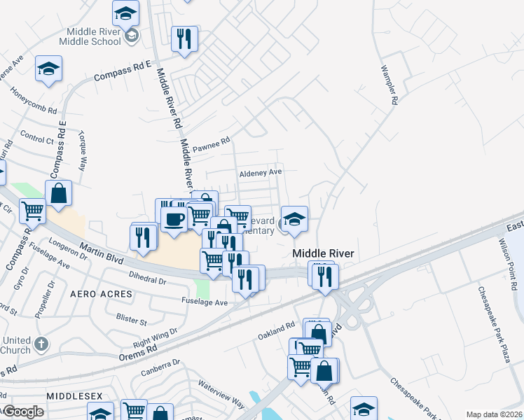 map of restaurants, bars, coffee shops, grocery stores, and more near 1535 Chilworth Avenue in Middle River