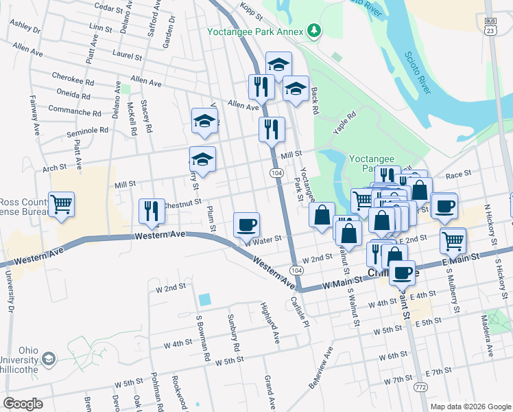 map of restaurants, bars, coffee shops, grocery stores, and more near 178 Church Street in Chillicothe