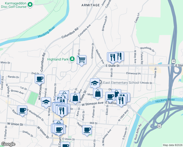 map of restaurants, bars, coffee shops, grocery stores, and more near 111 Franklin Avenue in Athens