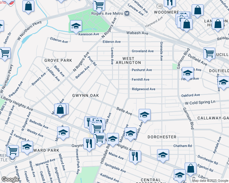 map of restaurants, bars, coffee shops, grocery stores, and more near 3900 Gwynn Oak Avenue in Baltimore